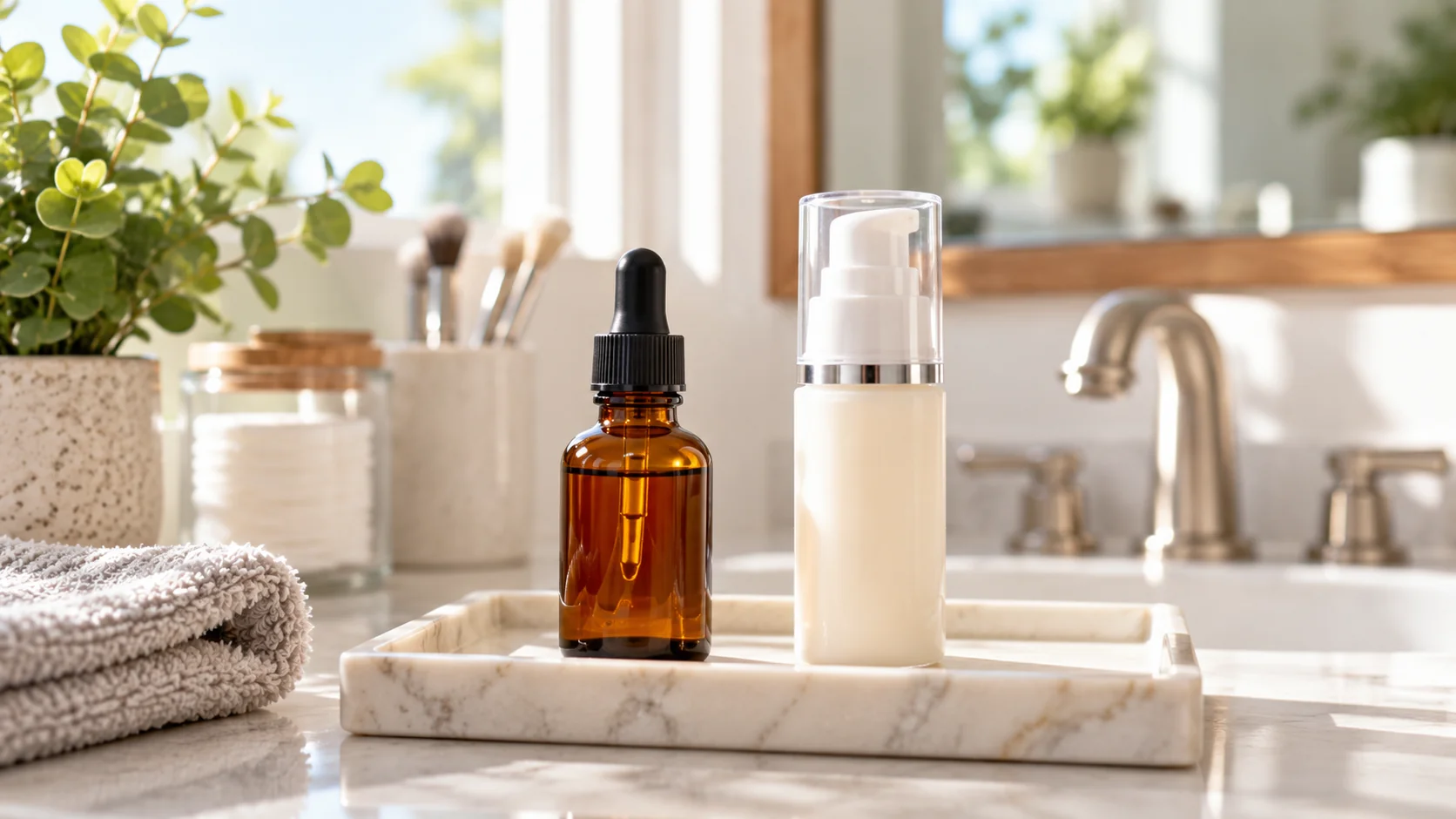 Close-up of a dropper bottle and a pump bottle of vitamin C serum on a marble bathroom tray