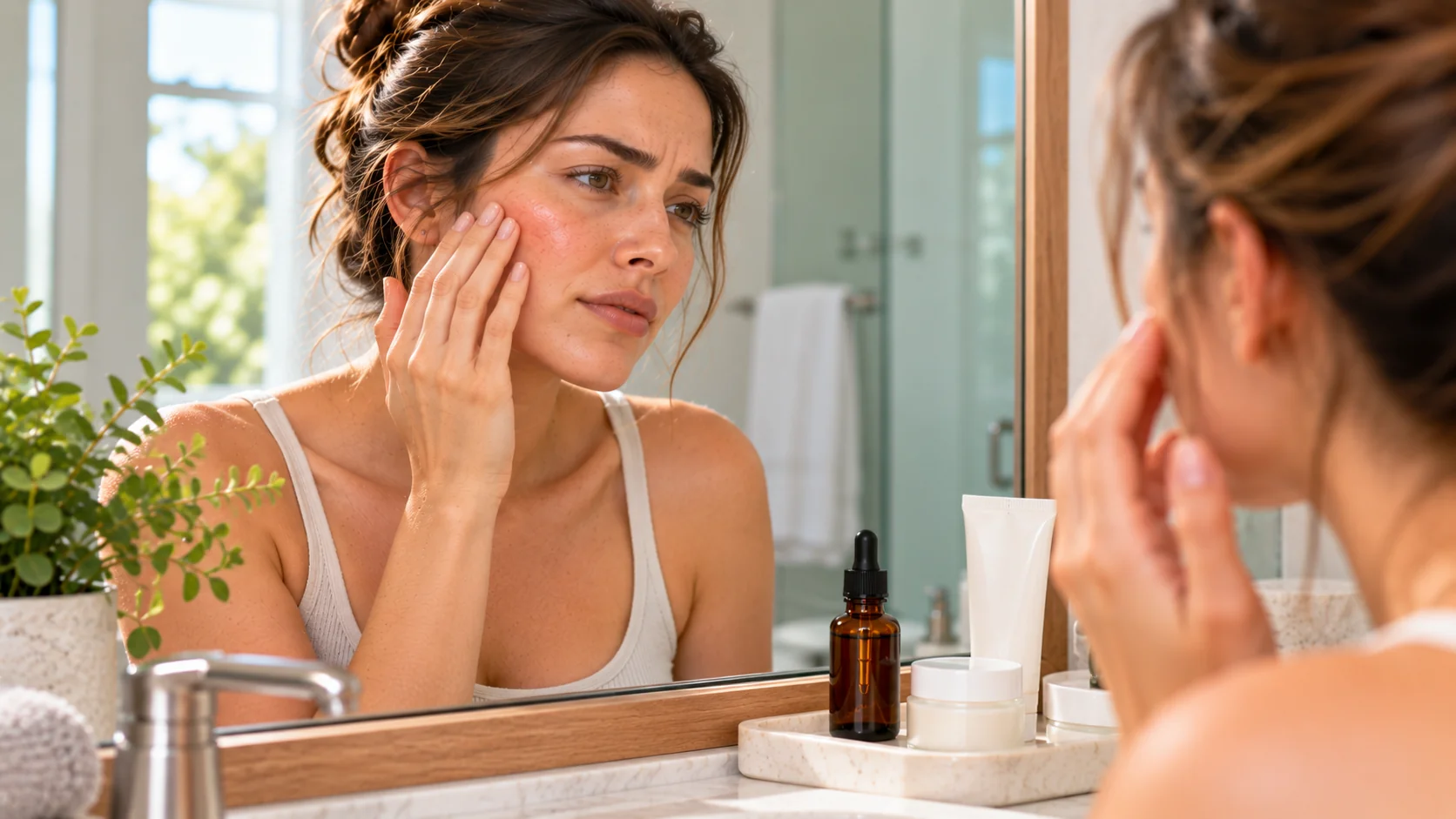 Woman examining red, slightly irritated skin on her cheek in a bathroom mirror