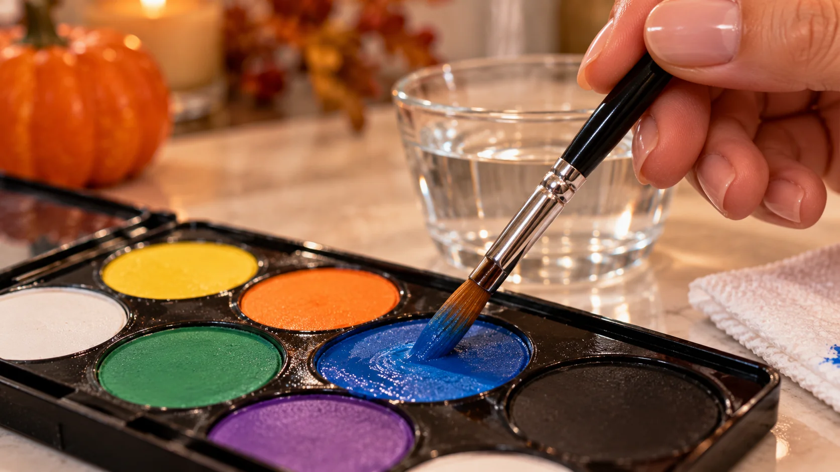 Wet brush picking up color from a water-activated face paint palette