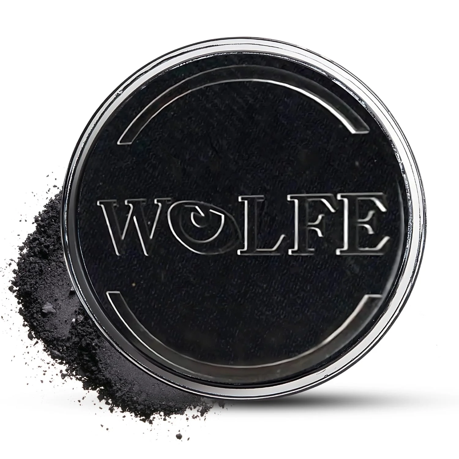 Jar of Wolfe-branded black face paint, product photo on a white background