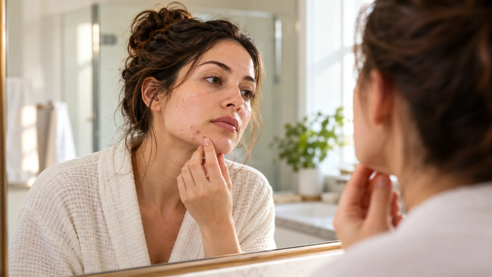 Adult woman examining mild chin breakouts in a bathroom mirror