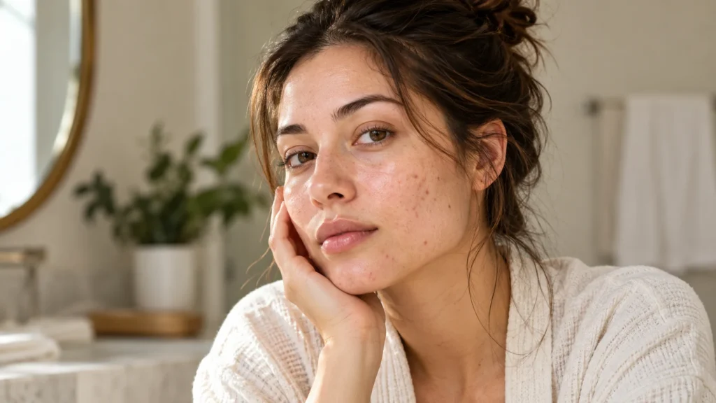Adult woman with natural skin texture and mild acne on her cheeks