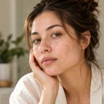 Adult woman with natural skin texture and mild acne on her cheeks